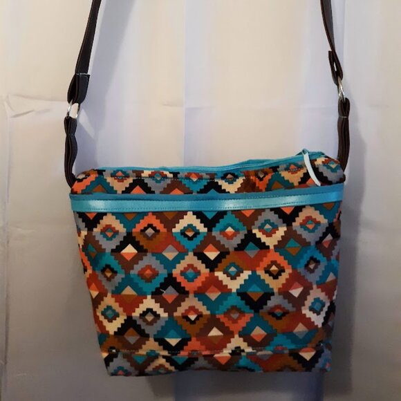 New Southwestern Geometric print Shoulder bag Purse Teracottta Brown Turquoise - Picture 2 of 10